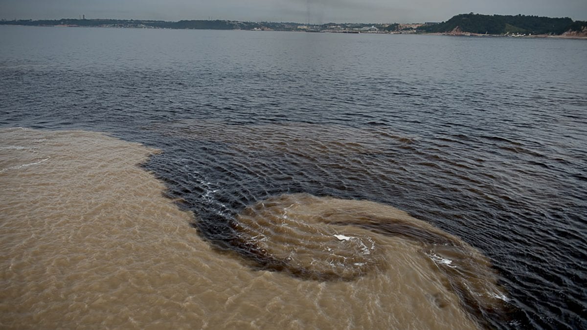 The mixing of organic-rich and sediment-rich waters of the Rio Negro and Solimoes River in the amazon basin.