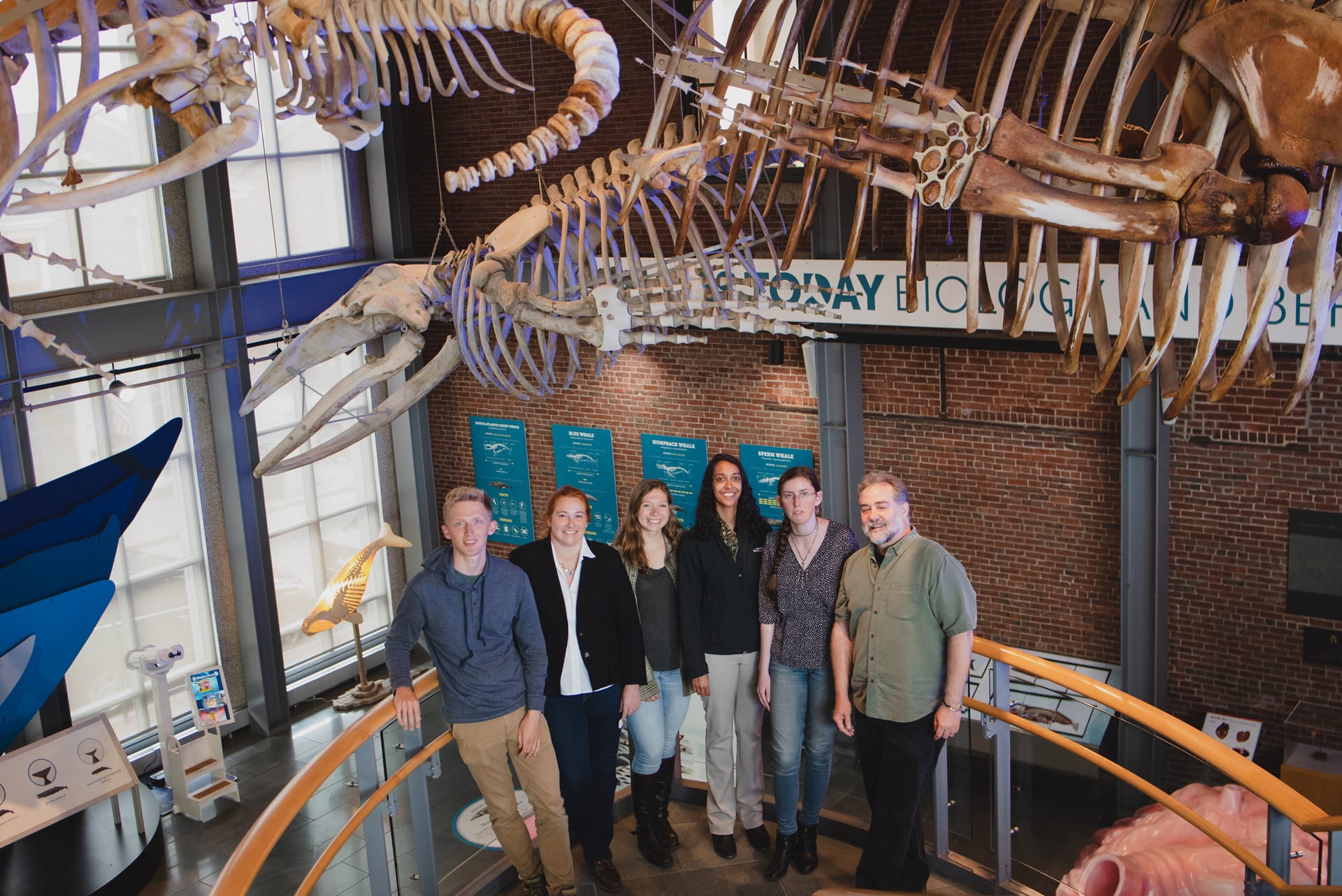 The research team on a “field trip” to the New Bedford Whaling Museum, which holds several hundred whaling logbooks in its archives. From left to right: Justin Buchli, Caroline Ummenhofer, Cali Pfleger, Sujata Murty, Abigail Field, and Timothy Walker. (Photo courtesy of New Bedford Whaling Museum)