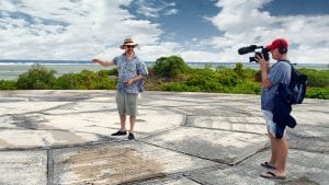 WHOI geochemist Ken Buesseler discusses marine radioactivity monitoring in the Marshall Islands atop Runit Dome