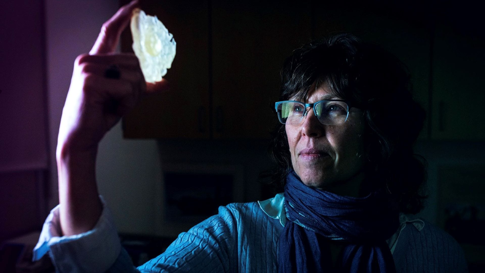 WHOI Senior Scientist Joan Bernhard holds a synthetic model of a foram species known as Astrammina