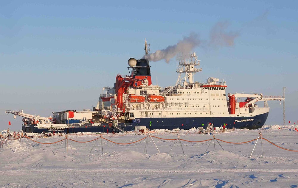 If things go according to plan, the German icebreaker Polarstern will remain locked in the Arctic sea ice until September 2020 as part of the Multidisciplinary Drifting Observatory for the Study of Arctic Climate (MOSAic) program. (Photo by Carin Ashjian, ©Woods Hole Oceanographic Institution)