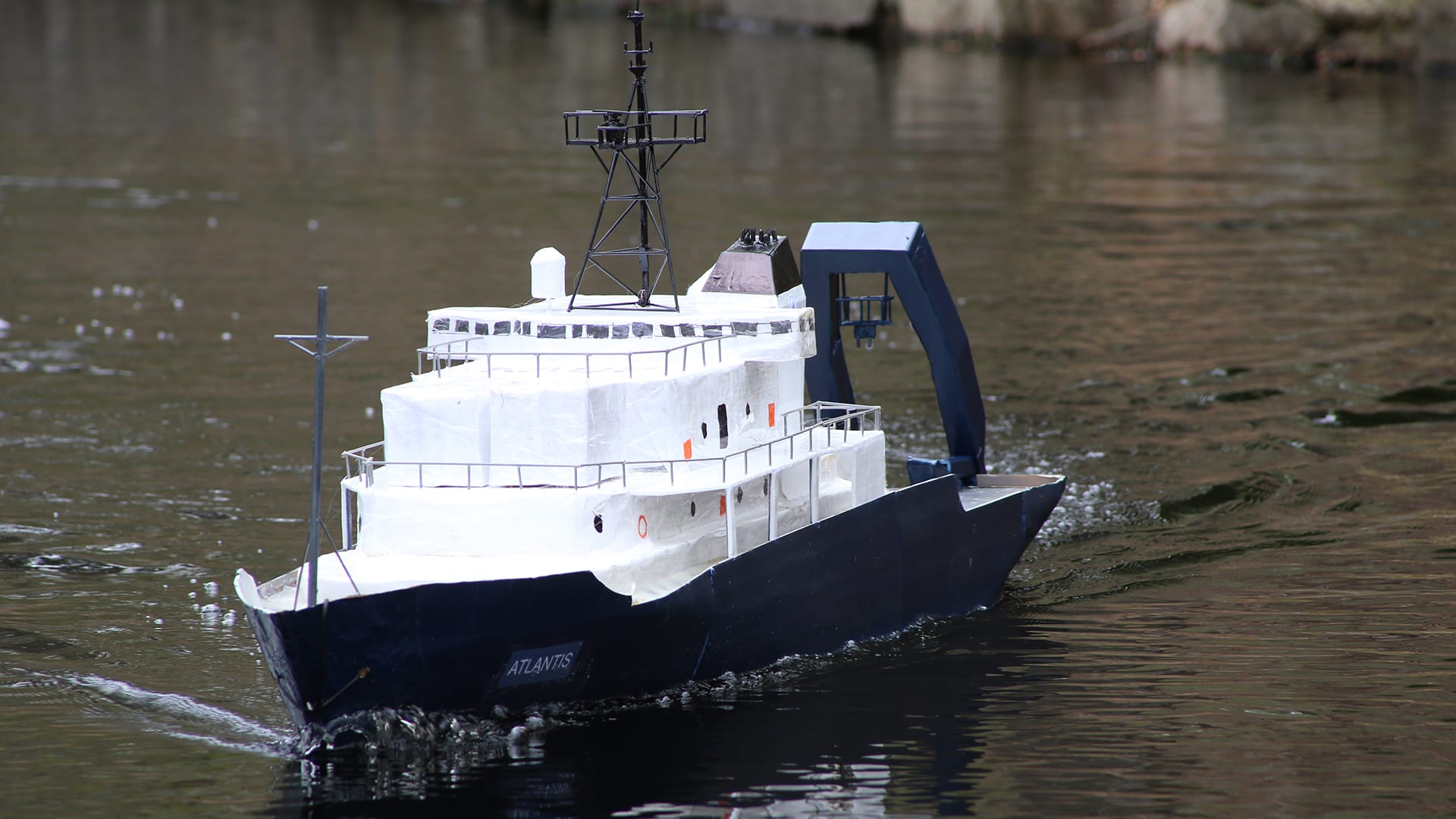 (Top) Dante Cusolito tests his newly finished model out on a local pond near his house.


(Above) The design of this miniaturized R/V <em>Atlantis</em> was made possible from a set of blueprints Cusolito found online, which allowed him to meticulously craft each deck of the ship. Meanwhile the real-life vessel was heading back to Anacortes, Washington for its midlife  upgrade. (Photos courtesy of Michelle Cusolito)