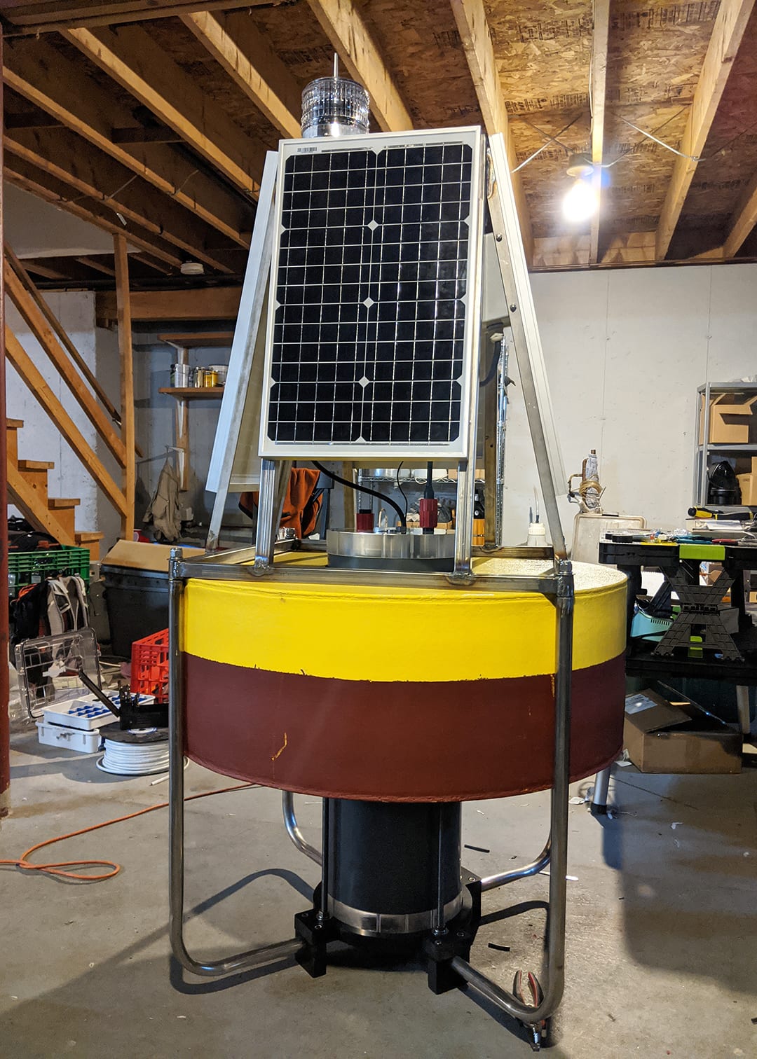 The solar-powered buoy, now assembled with a metal frame, will help to track the flow of carbon elements in the ocean, a necessary insight to study climate's effect on the ocean. (Photo by Matt Long, © Woods Hole Oceanographic Institution)