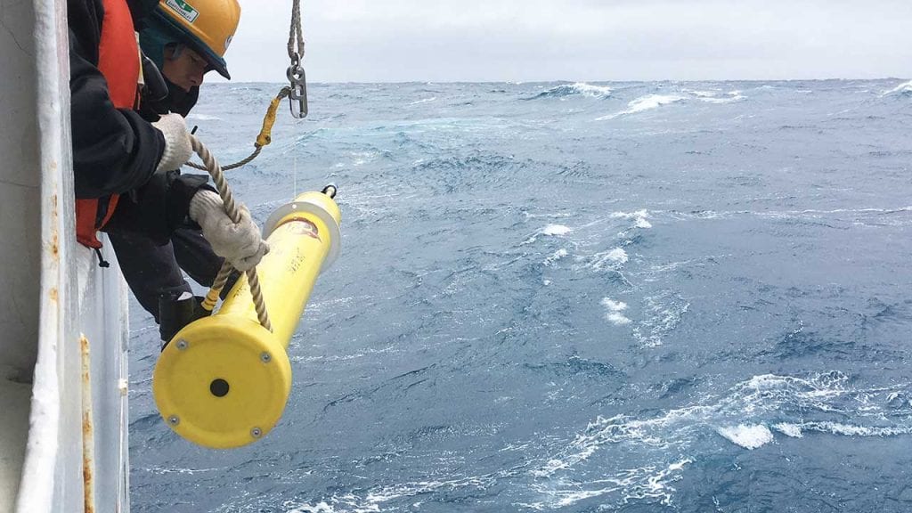 A SOCCOM (Southern Ocean Carbon and Climate Observations and Modeling) float like those that will be a part of the GO-BGC array being deployed from the Japanese research vessel Mirai in the Southern Ocean in 2019. (Image courtesy of SOCCOM. SOCCOM is supported by the National Science Foundation under NSF Award PLR-1425989 and OPP-1936222)