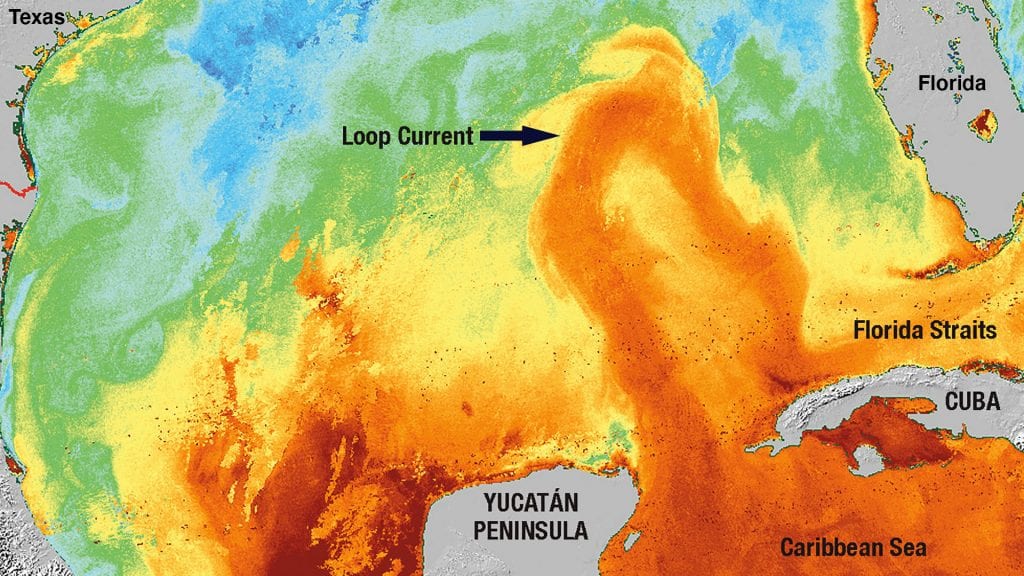 The Loop Current (orange) is like a big river of warm water that flows northward from the Caribbean Sea. It sometimes loops up close to Louisiana and then swoops back down through the Florida Straits and into the Atlantic Ocean. (Sea surface temperature image by the Ocean Remote Sensing Group, © Johns Hopkins University Applied Physics Laboratory)