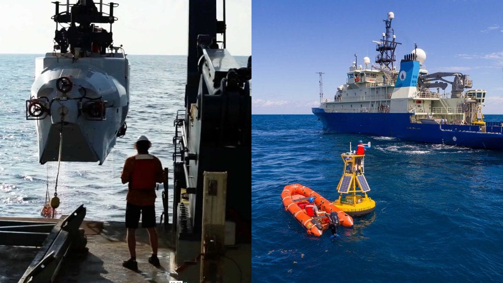 Scenes from research expeditions highlighted in "Divergent Warmth" (left, M. Lubetkin) and "Beyond the Gulf Stream" (right, John McCord).