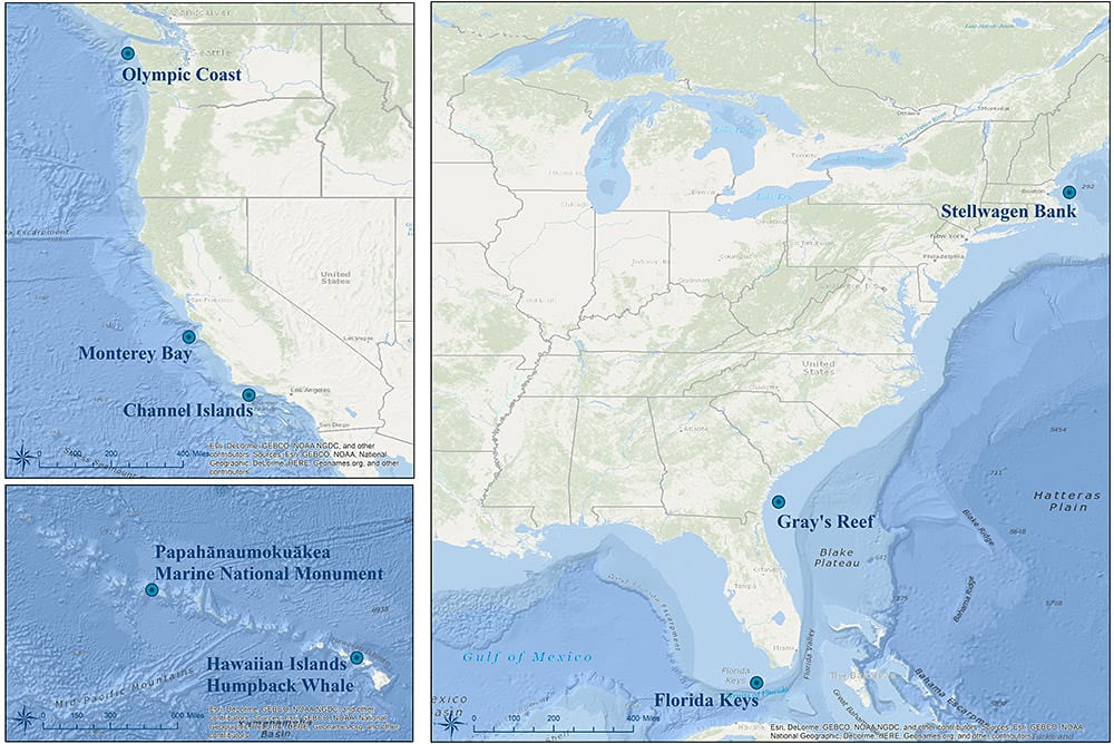 SanctSound monitoring will take place in Stellwagen Bank, Gray's Reef, and Florida Keys national marine sanctuaries (East Coast); Olympic Coast, Monterey Bay, and Channel Islands national marine sanctuaries (West Coast); and Hawaiian Islands Humpback Whale National Marine Sanctuary and Papahānaumokuākea Marine National Monument (Pacific Islands region). (Image courtesy NOAA Office of Marine Sanctuaries)