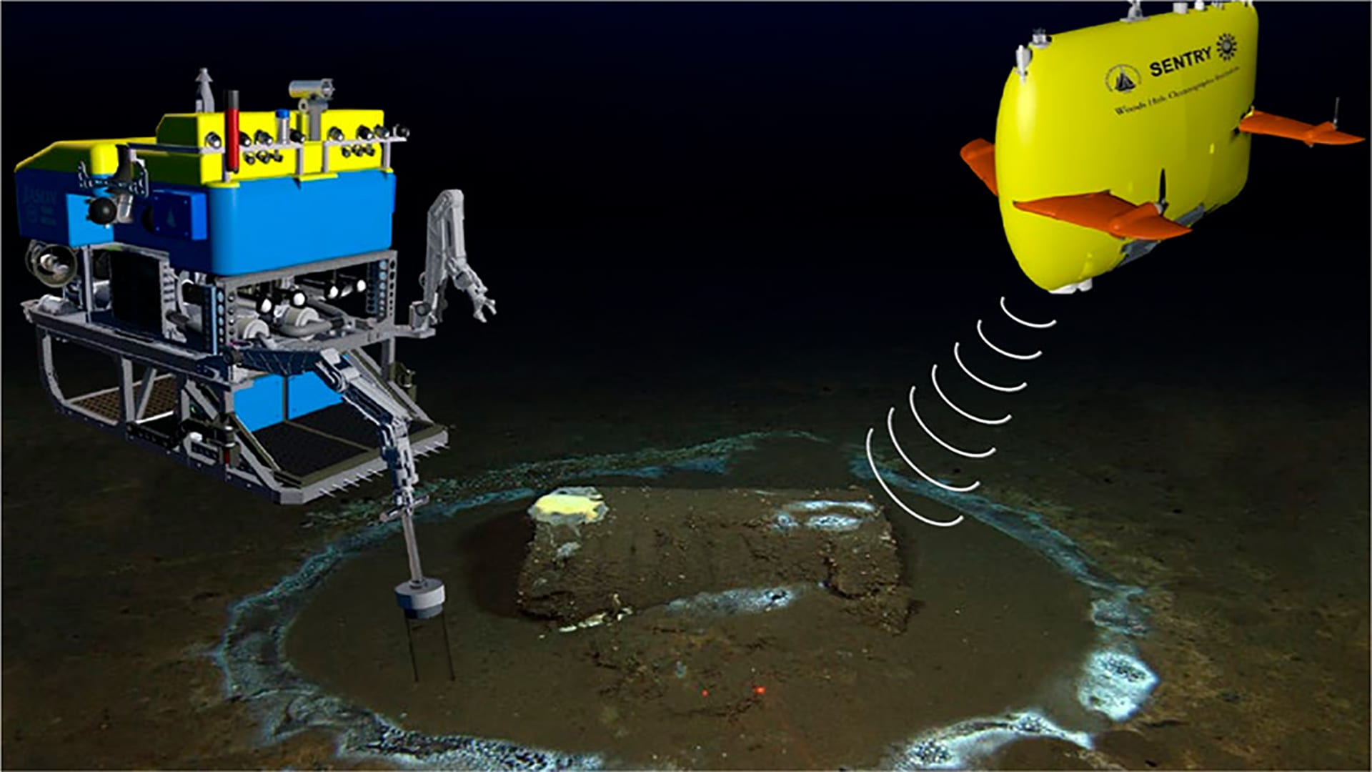 Sentry (upper right) and Jason worked together to study the dump site near Catalina Island, with the autonomous vehicle Sentry first mapping the seafloor to allow scientists and engineers to guide the remotely operated Jason to locations of interest for closer examination and to collect samples. Researchers noted sulfur microbes growing on top of and microbial rings on the seafloor surrounding many of the barrels. (Composite image from Kivenson et al., 2019, © Woods Hole Oceanographic Institution)