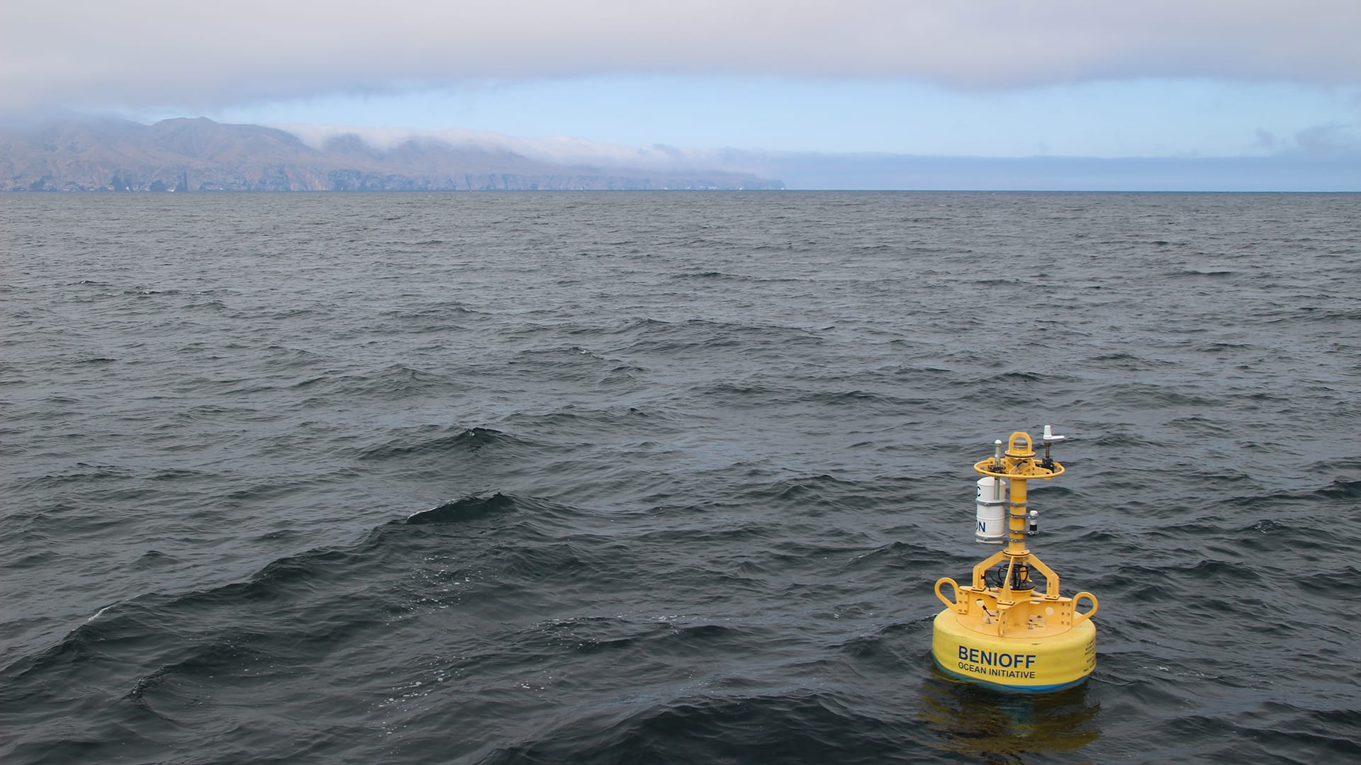 A buoy outfitted with  passive acoustic technology developed by Woods Hole Oceanographic Institution and Texas A&amp;M University at Galveston, floats idly near the shipping lanes of the Santa Barbara Channel in 2019 (Photo courtesy of Morgan Visalli, © Benioff Ocean Initiative)