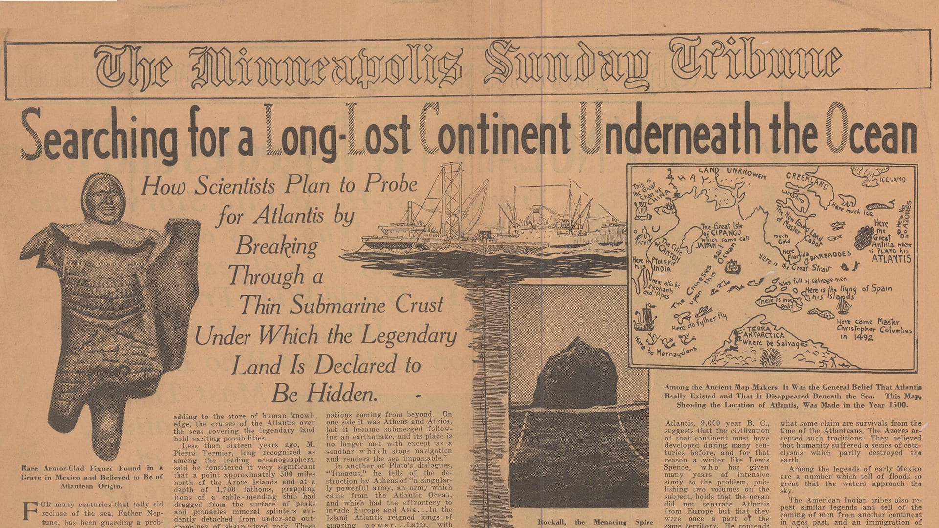 Catching wind of Bigelow and Iselin's research cruise, the <em>Minneapolis Sunday Tribune</em> ran a page-one story in October, 1931, excitedly noting the scientists' mission to look for the lost city while surveying large currents in the North Atlantic. (Courtesy of WHOI Archives, © Woods Hole Oceanographic Institution)