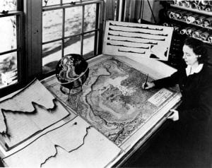 Marie Tharp at her drafting table in Lamont Hall