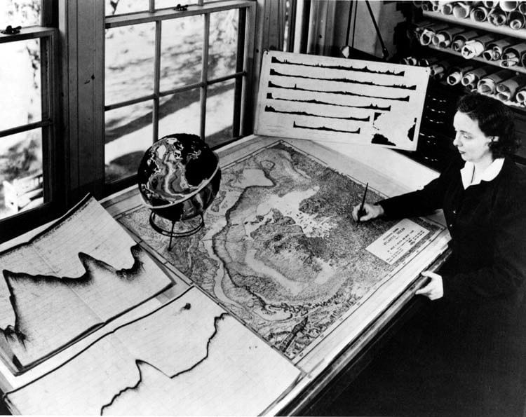 Marie Tharp at her drafting table in Lamont Hall