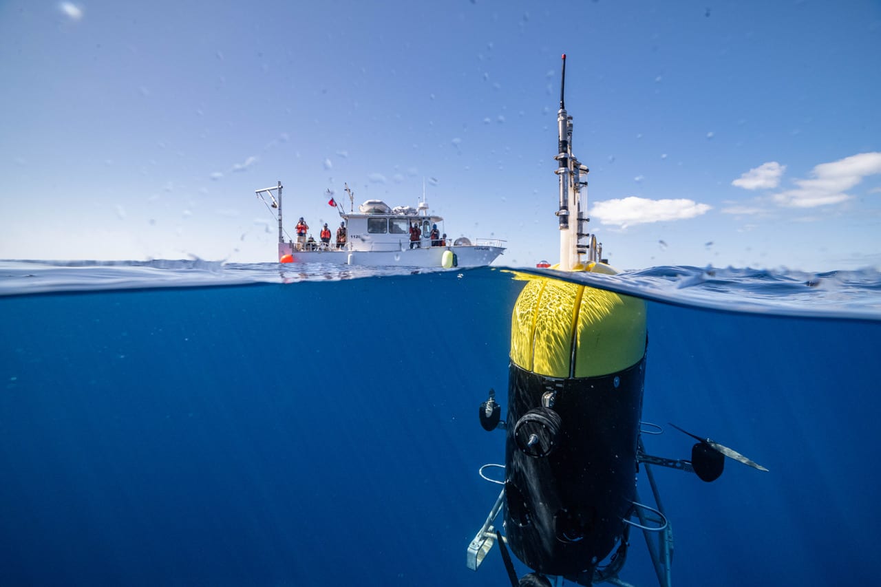 20210312_925_Mesobot-Testing-at-sea-underwater_by-Evan-Kovacs Mesobot, an underwater robot capable of tracking and recording high-resolution images of slow-moving and fragile zooplankton, gelatinous animals, and particles, is providing researchers with deeper insight into the vast mid-ocean region known as the twilight zone.
Photo taken off the coast of Bermuda, March 2021
Evan Kovacs/©Woods Hole Oceanographic Institution