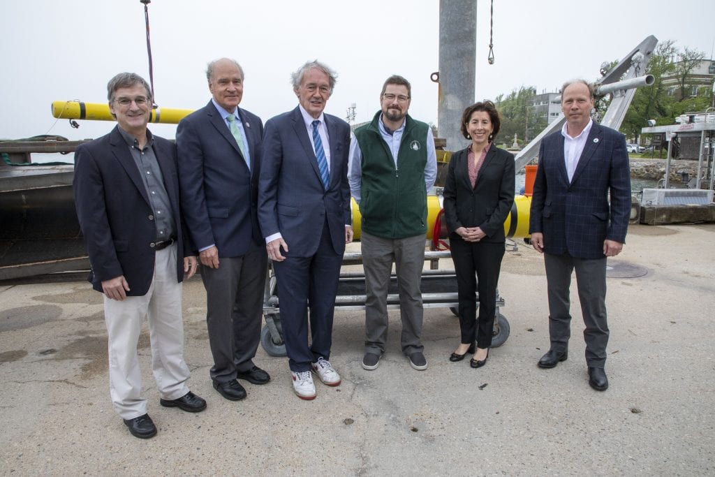 (From left to right): WHOI Deputy Director and Vice President for Science and Engineering Rick Murray, Mass. Congressman William Keating, Mass. Senator Edward Markey, WHOI's Carl Hartsfield, U.S. Commerce Secretary Gina Raimondo and WHOI President and Director Peter de Menocal. (Photo by Jayne Doucette, © Woods Hole Oceanographic Institution)
