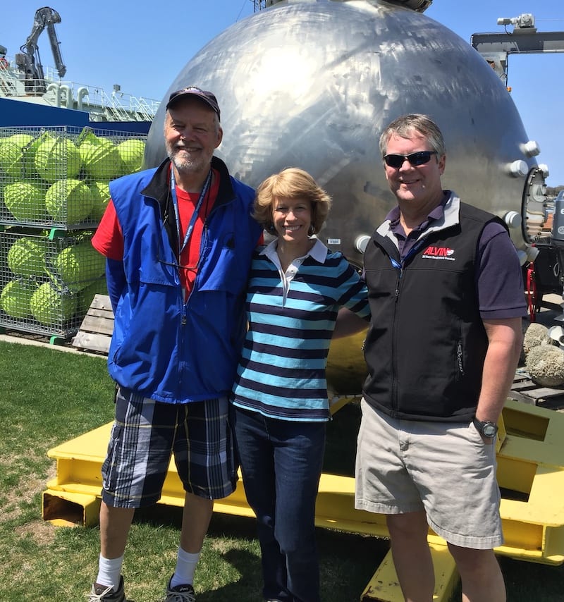 7th grade life science teacher and Dive &amp; Discover veteran Carolyn Sheild (center) poses with Hovey Clifford (left) and Rick Chandler during a field trip to WHOI. (Photo courtesy of Carloyn Sheild)