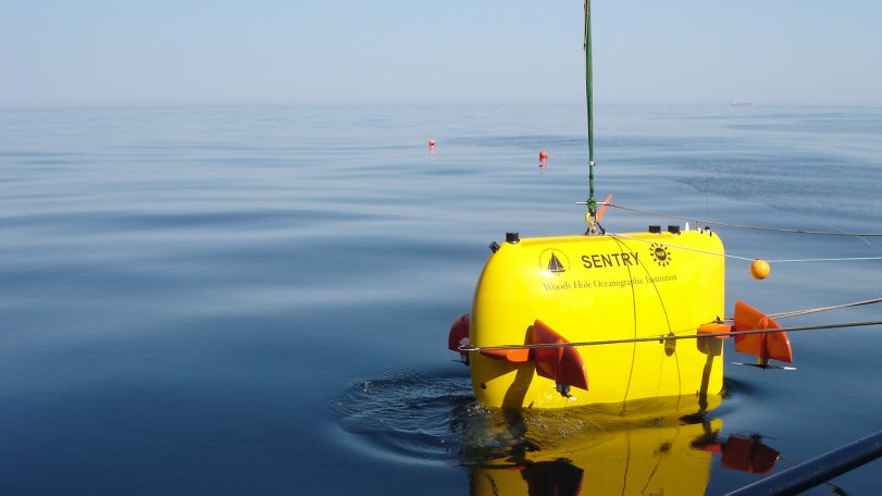 <strong>AUV <em>Sentry</em></strong><br />
<em>Sentry</em> deployment. (Photo by Chris German, © Woods Hole Oceanographic Institution)