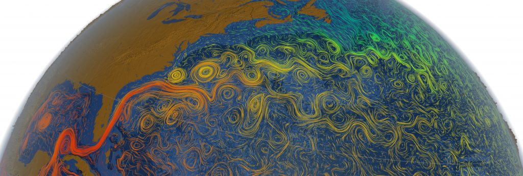 Swirling parcels of water, called ocean eddies, spin off from the warm Gulf Stream, the powerful northward-flowing current that hugs the U.S. East Coast before veering east across the Atlantic Ocean. This visualization was generated by a numerical model that simulates ocean circulation. WHOI researchers are studying western boundary ocean currents, like the Gulf Stream, and how their behavior can be associated with climate. Image Credit: NASA/Goddard Space Flight Center Scientific Visualization © NASA, Goddard Space Flight Center