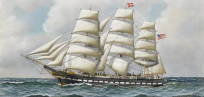 An example of a square-rigged tall ship that could be literally taken aback. "The American full-rigger Jeremiah Thompson' at sea," Antonio Jacobsen, 1910.
