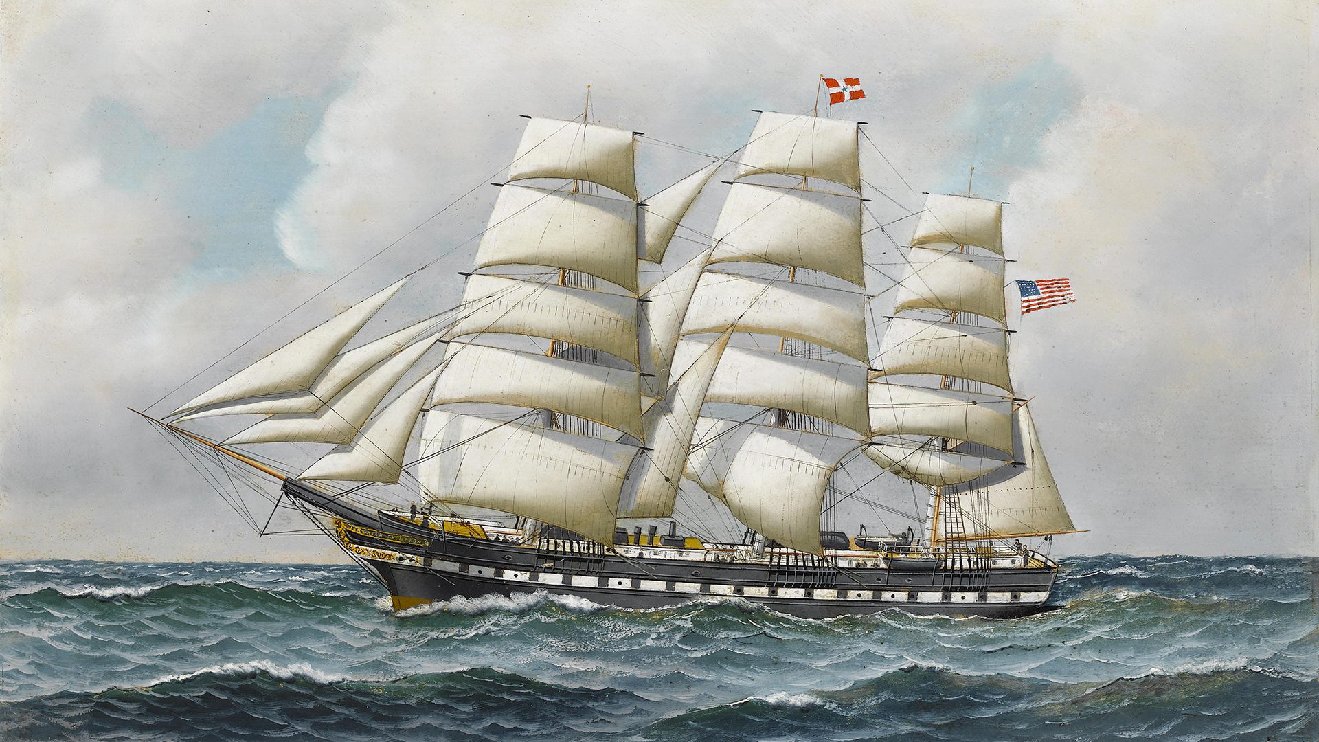 An example of a square-rigged tall ship that could be literally taken aback. "The American full-rigger Jeremiah Thompson' at sea," Antonio Jacobsen, 1910.