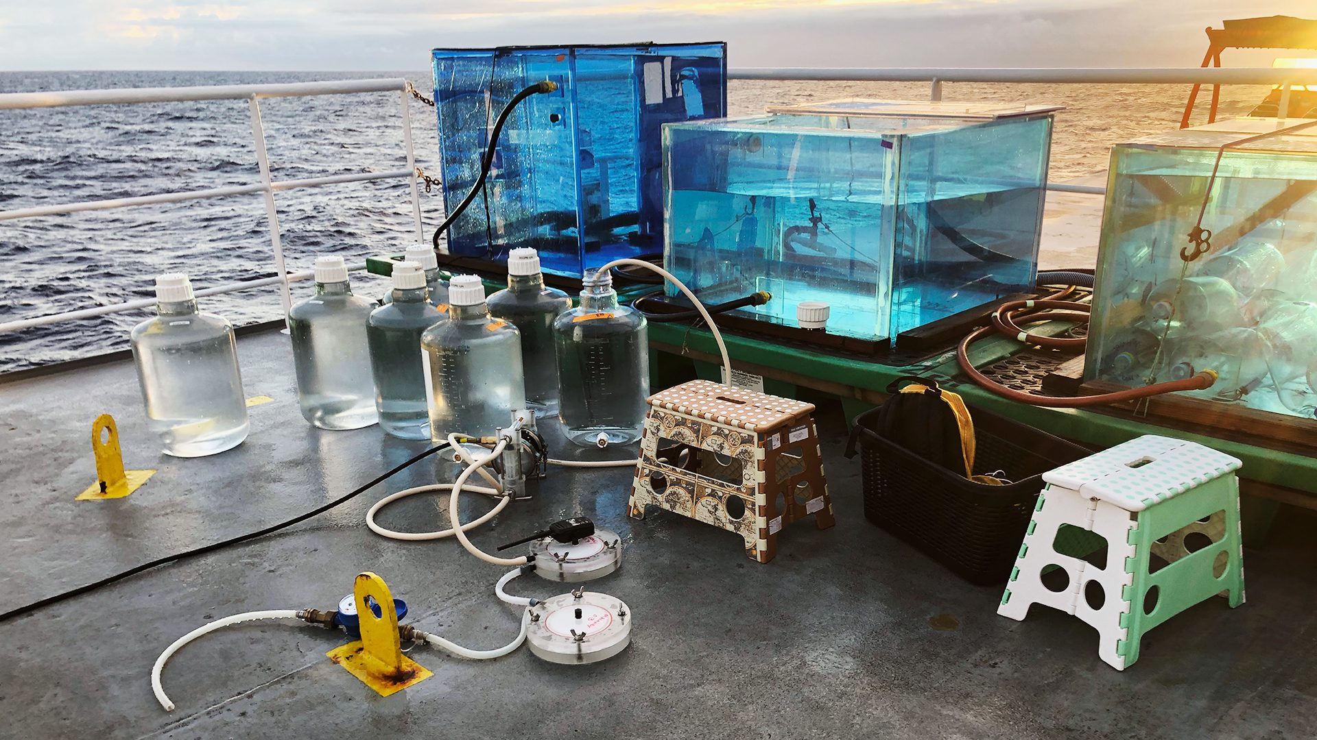 WHOI researchers tested the effects of adding alkalinity to seawater in a series of experiments at sea. The large blue tanks shown here were kept at a sea surface temperature and light level that would be found at 15 meters (49 feet). Researchers then filtered the water through circular disks (in the foreground) to sample the remaining particulate material after incubation. (Photo by Ashley Maloney, Princeton University)