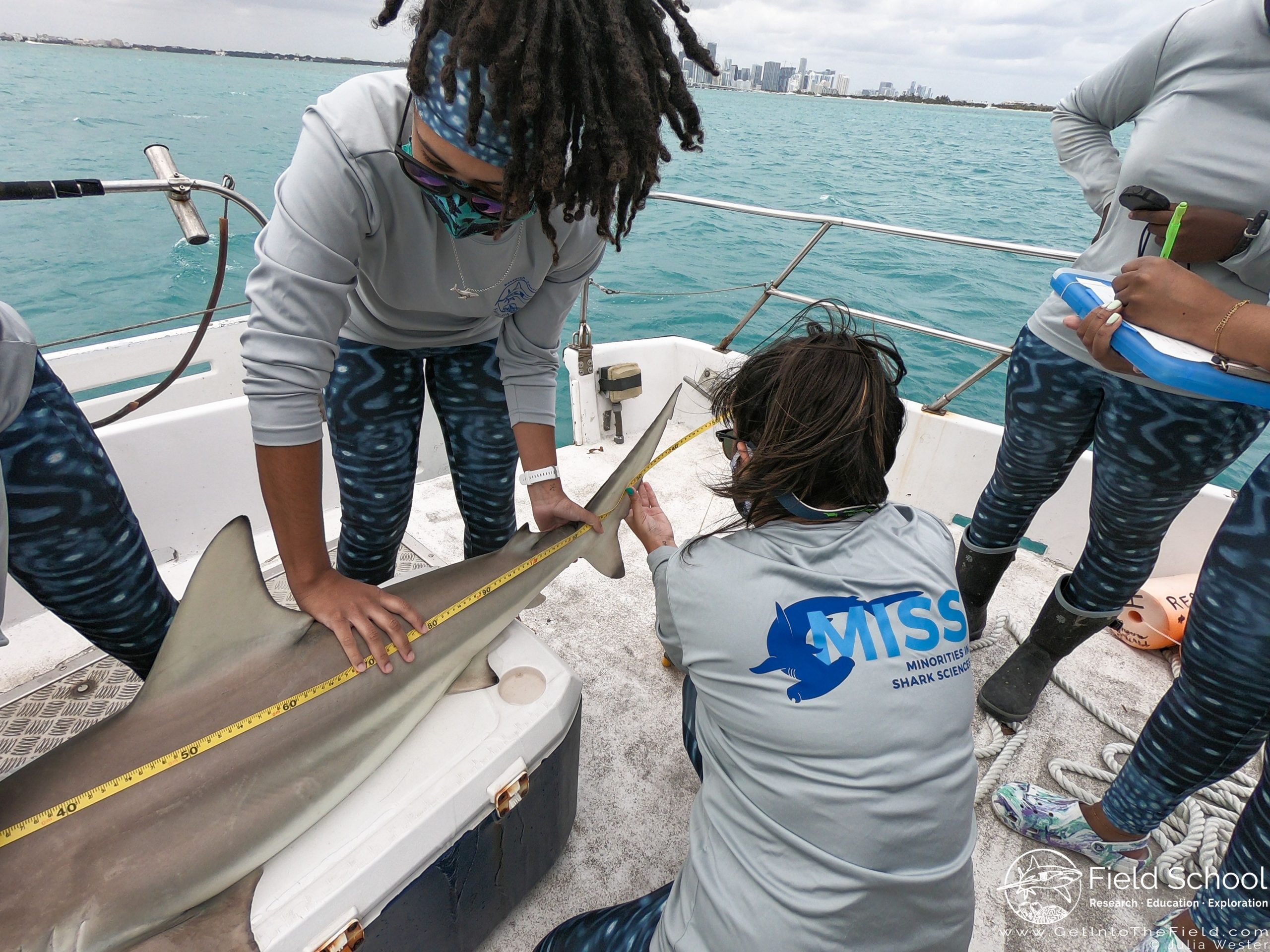 Jaida Elcock (standing) restrains a blacktip shark while a MISS workshop participant measures it. (Image courtesy of Field School, Miami, Florida.)