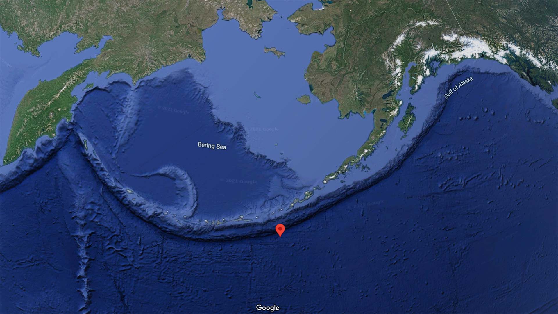 The Aleutian Trench runs more than TKTK miles starting from TKTK and ending around TKTK. (Screenshot courtesy of Google Earth)