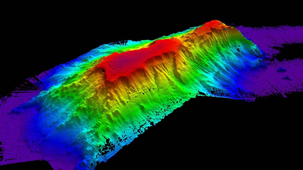A multibeam sonar image of Kelvin Seamount. (Photo courtesy of <em>Alvin</em> Team, © Woods Hole Oceanographic Institution)