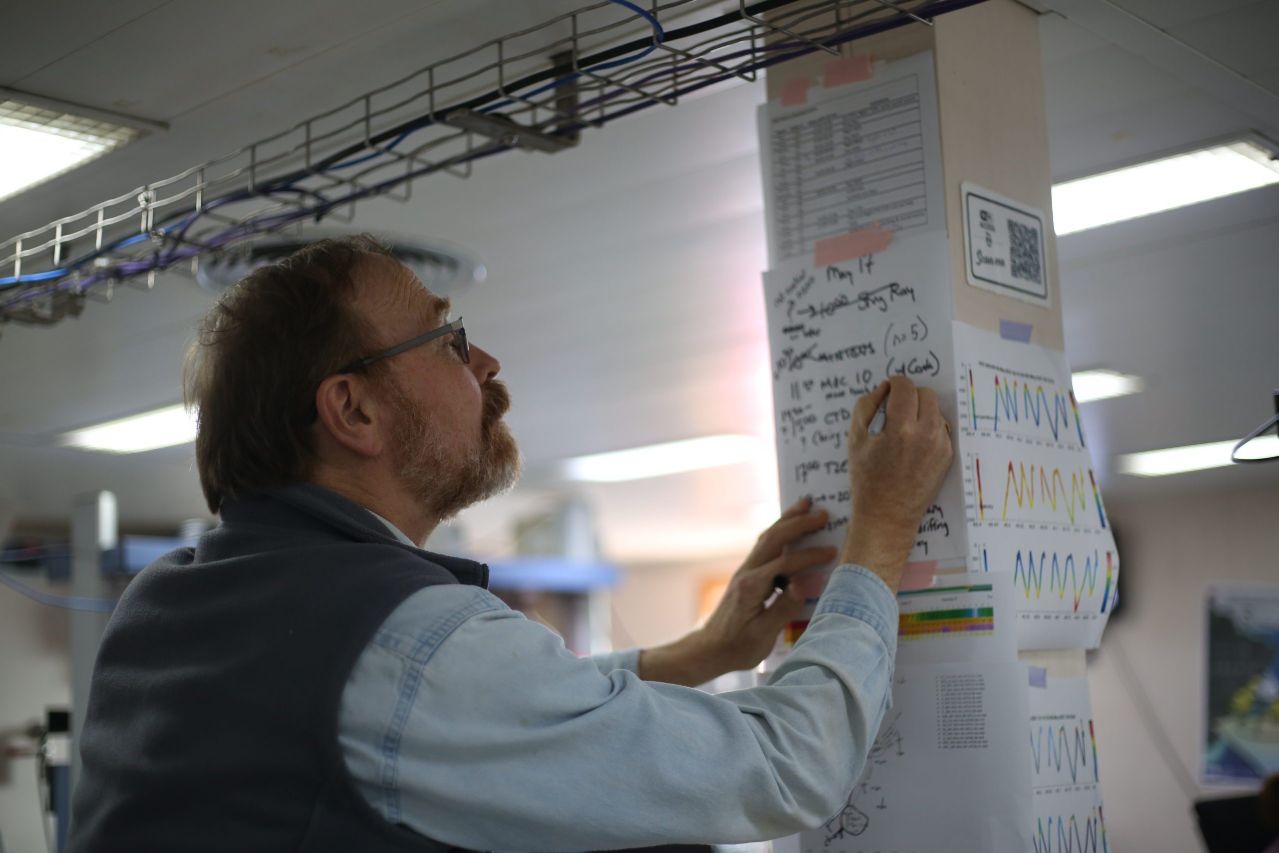 Dr. Ken Buesseler has been selected as a Geochemistry Fellow by the Geochemical Society (GS) and the European Association of Geochemistry (EAG). Buesseler shown in the lab of the R/V Sarmiento de Gamboa in May 2021, where as Chief Scientist he was organizing the daily activities on this study of the ocean’s carbon cycle. This was part of a three-ship field program in the Northeast Atlantic sponsored by NASA and WHOI’s Ocean Twilight Zone project. Photo by Marley Parker © Woods Hole Oceanographic Institution