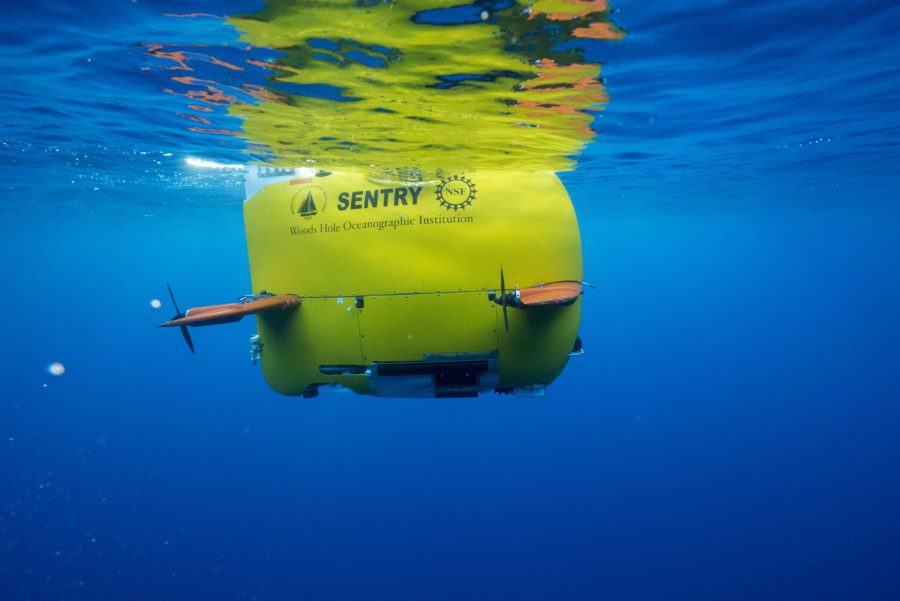 AUV Sentry, operated by the NDSF at WHOI, aided in the discovery and mapping of a new off-axis hydrothermal vent on the East Pacific Rise. Image credit: Luis Lamar ©/ Woods Hole Oceanographic Institution 