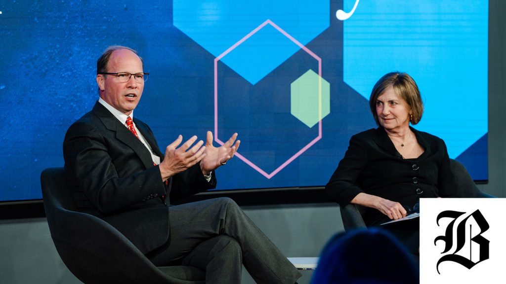 Conversation between Peter de Menocal and Margaret Low, WBUR CEO. (Daniel Hentz, © Woods Hole Oceanographic Institution)