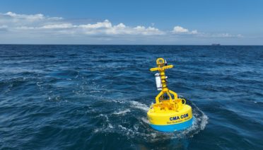 WHOI-developed technology in passive acoustic buoys play an important role in protecting marine animals. On Tuesday, July 20, 2022, a new monitoring buoy was deployed off the coast of Norfolk, Virginia. ©CMA CGM