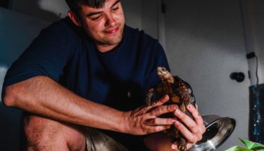 Nate Spada holds one of his three tortoises at home. (Photo by Daniel Hentz, © Woods Hole Oceanographic Institution)