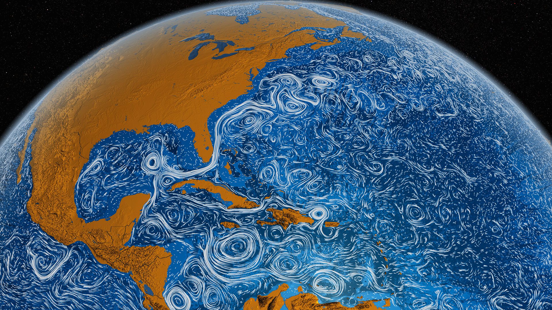 The Loop Current (encircled) runs from the tropics through the Caribbean and into the Gulf of Mexico, then joins the Gulf Stream moving up the East Coast. (Graphic courtesy of NASA/Goddard Space Flight Center Scientific Visualization Studio)