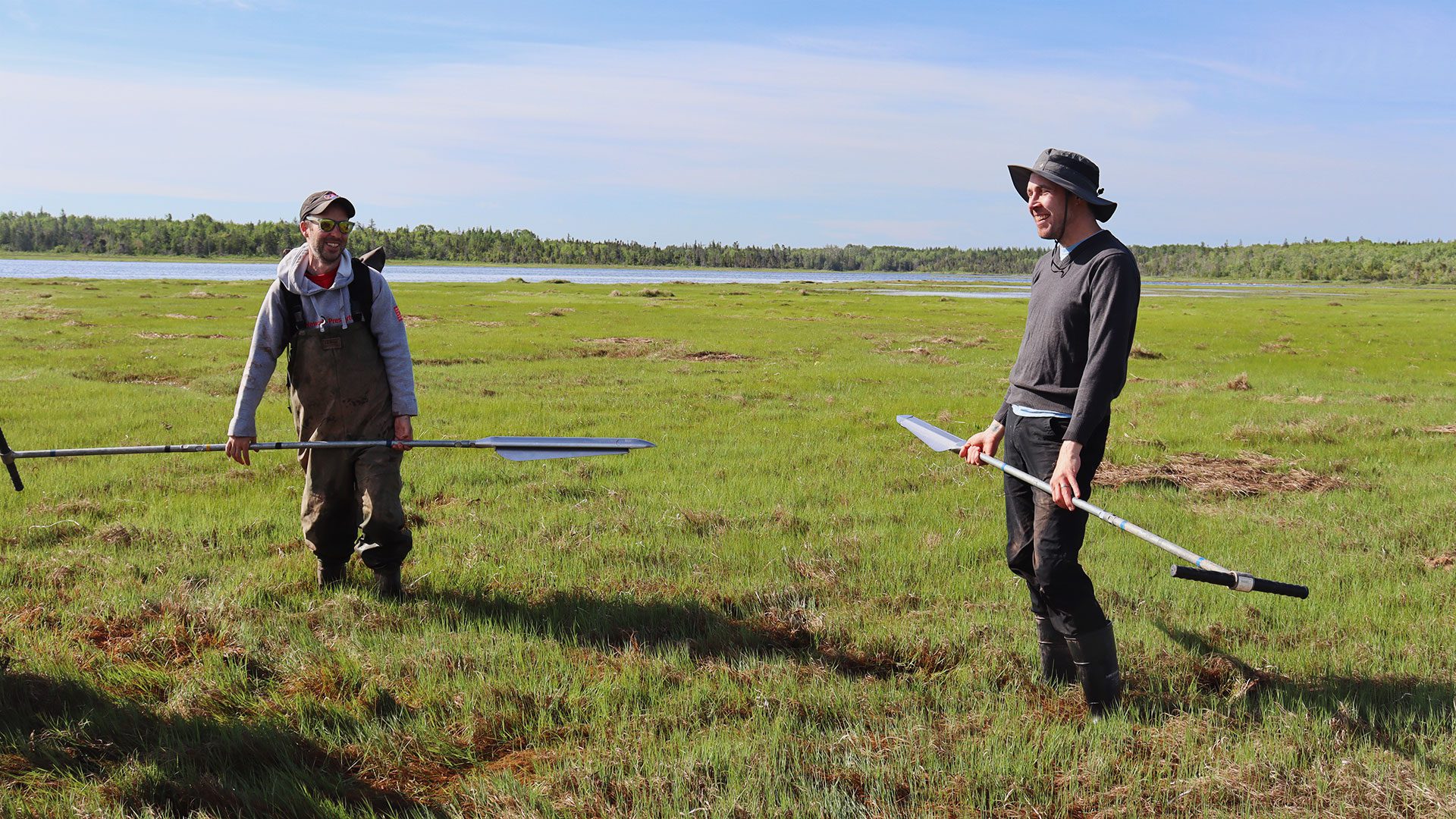 Two people in a salt marsh holding peat sampling tools