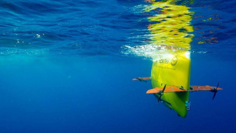 AUV Sentry submerges. Photo by Luis Lamar © Woods Hole Oceanographic Institution