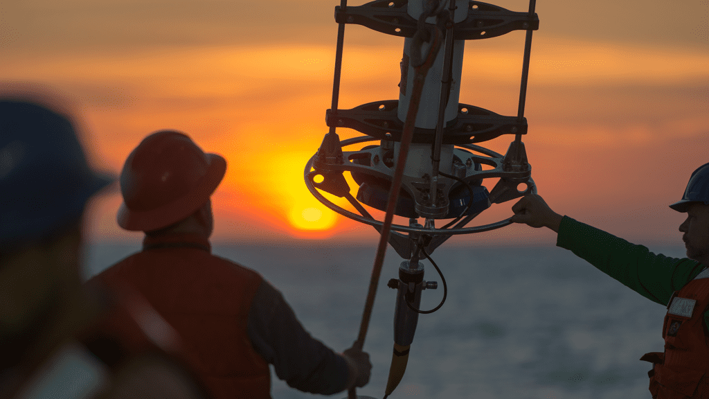 OOI engineers and mooring operations staff work together to deploy a section of a Pioneer Array mooring over the aft deck of R/V <em>Neil Armstrong</em>. (Photo by Allen Smith, © Woods Hole Oceanographic Institution)