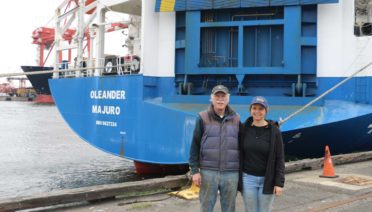 WHOI physical oceanographer Magdalena Andres and Stony Brook University professor Charles Flagg at a recent visit to the cargo vessel Oleander in the Port of New Jersey.