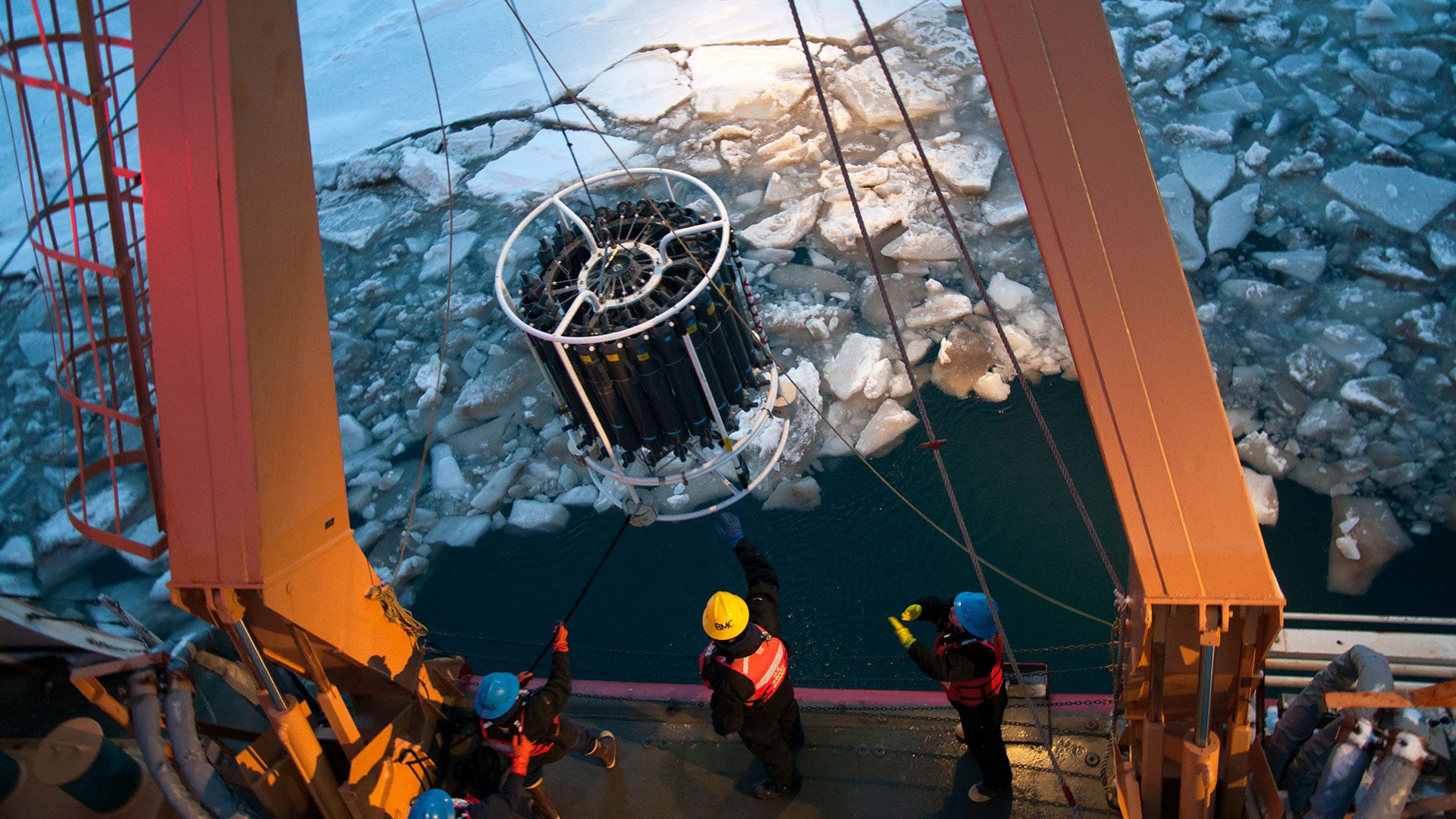 Collecting measurements in the ice, the western Arctic Ocean