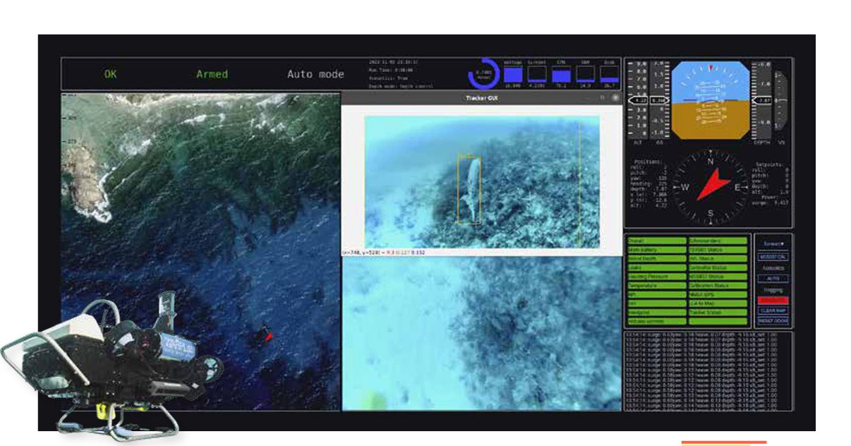 Seen topside, this interface allows CUREE's operators to monitor the robot's position and video feed, instruct it to follow marine animals, or change its mission entirely. (Image courtesy of Levi Cai, © Woods Hole Oceanographic Institution)