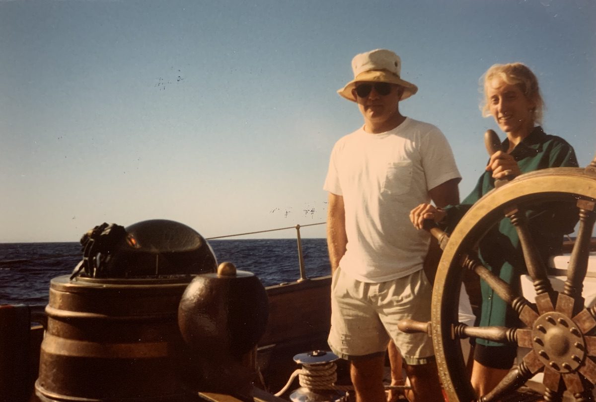 Stace at the helm of the SSV Corwith Cramer in 1990. (Courtesy of Stace Beaulieu)