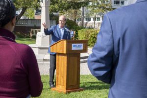 WHOI President Peter de Menocal addresses those in attendance at the ResilientWoodsHole Climate Walking Trail grand opening.