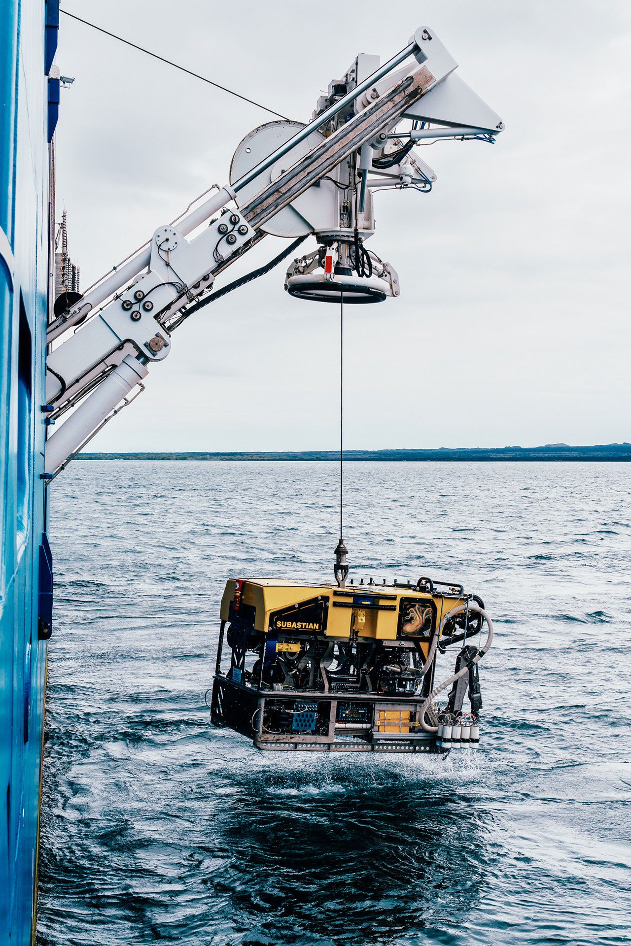 Remotely Operated Vehicle (ROV) SuBastian is recovered in the Galapagos Marine Reserve on Research Vessel Falkor (too). The recent expedition discovered two pristine cold-water coral reefs, situated at depths ranging from 370 to 420 meters. (Photo courtesy of Schmidt Ocean Institute)