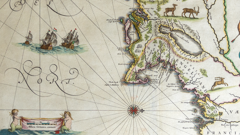 Historic map showing New England, plants, animals, and people