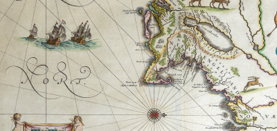Historic map showing New England, plants, animals, and people