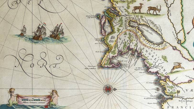 Historic map showing New England, plants, animals, and people