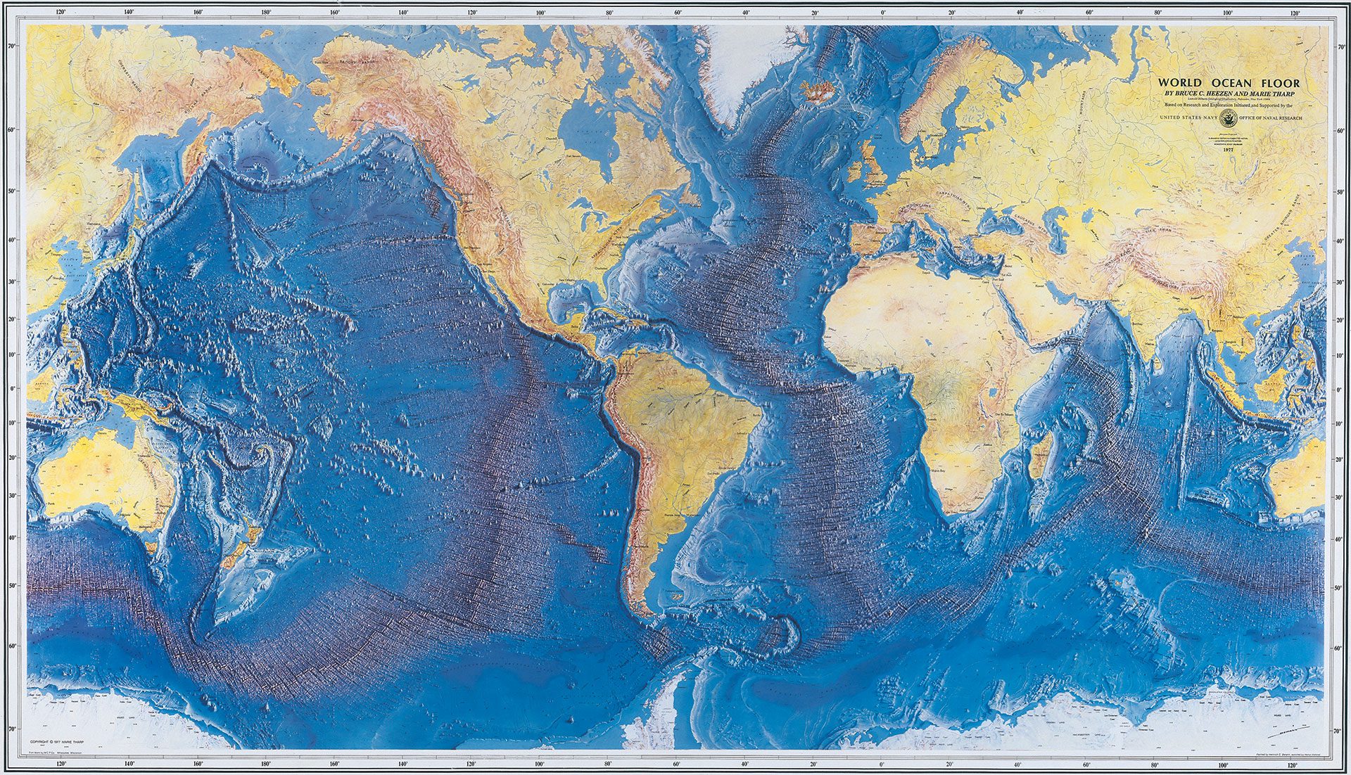 Tharp’s work represented the first systematic attempt to map the entire ocean floor. The World Ocean Floor map was published in 1977 by the Office of Naval Research and is still in wide use today. (Credit: World Ocean Floor Panorama, Bruce C. Heezen and Marie Tharp, 1977. Copyright by Marie Tharp 1977/2003. Reproduced by permission of Marie Tharp Maps LLC and the Lamont-Doherty Earth Observatory)