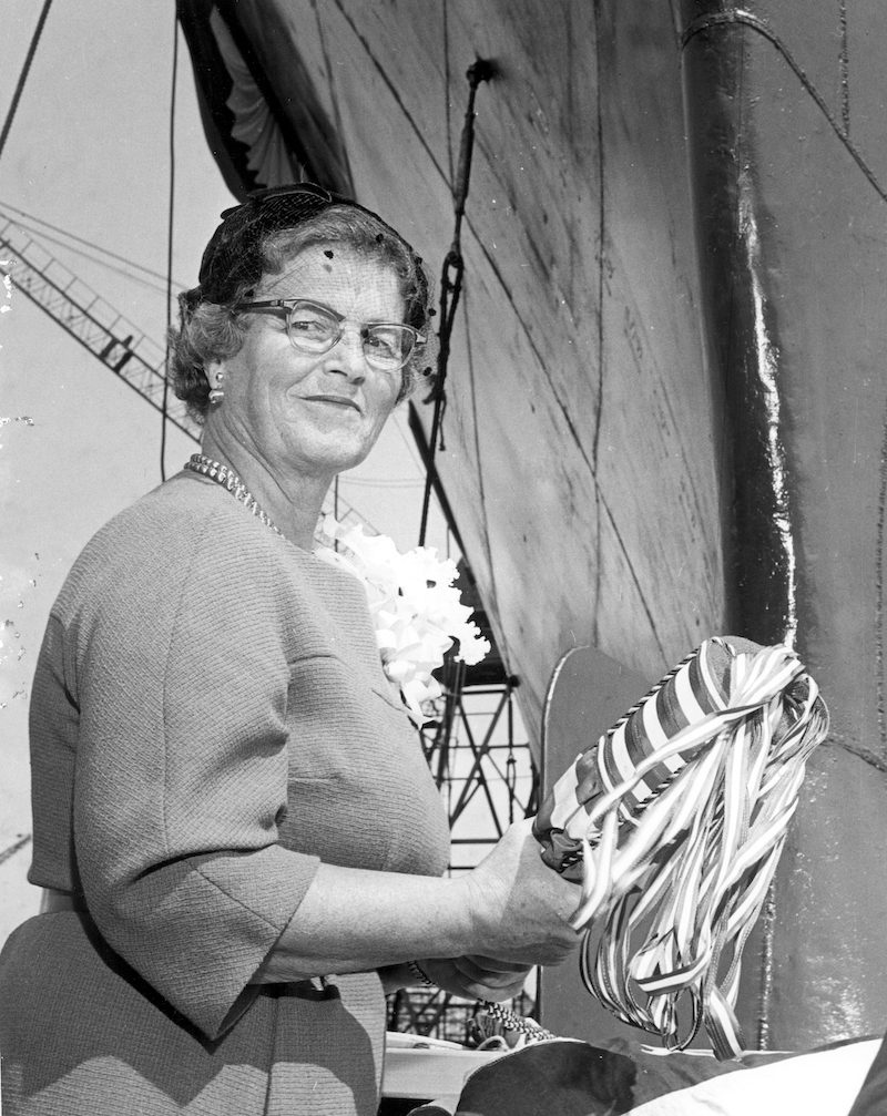 Mary Sears about to christen Atlantis II (Photo courtesy of WHOI Archives)
