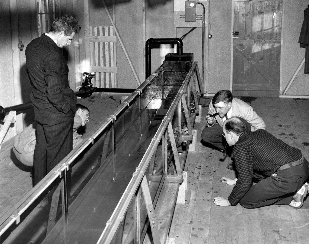 com-cullen-flume4 Scientists observe the flow in a flume that was located behind the Bigelow Laboratory.