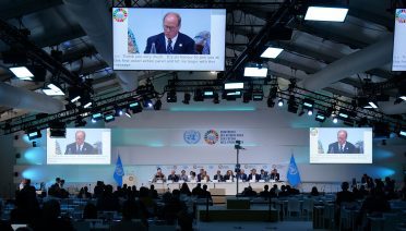 WHOI President &amp; Director Peter de Menocal (second from left) addresses the first Ocean Action Panel to open the UN Ocean Conference in Nice, France. (Photo by Ken Kostel, ©Woods Hole Oceanographic Institution)