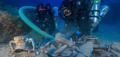 A research team exploring the Antikythera shipwreck in 2012
